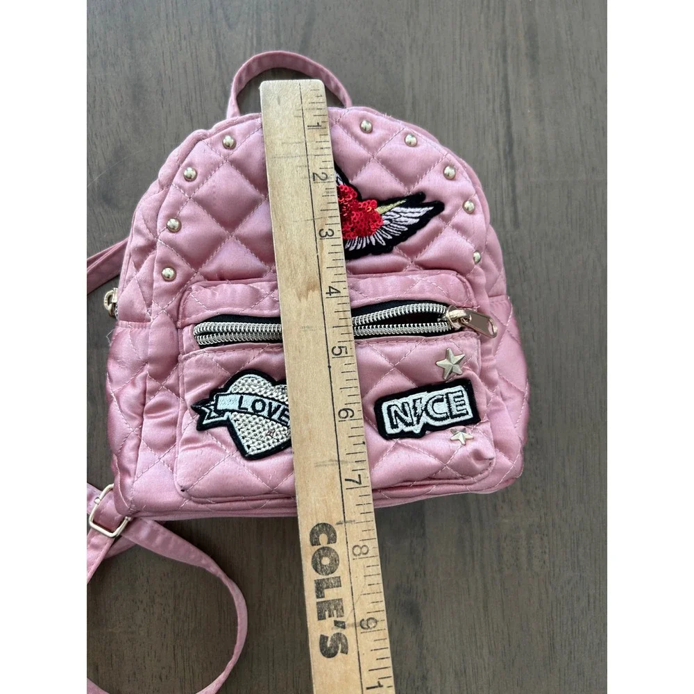The Childrens Place Girls Pink Quilted Satin Mini Backpack Heart Patches Studs